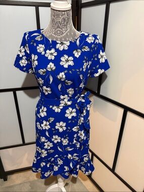 Calvin Klein Royal Blue Floral Tie-Waist Midi Dress